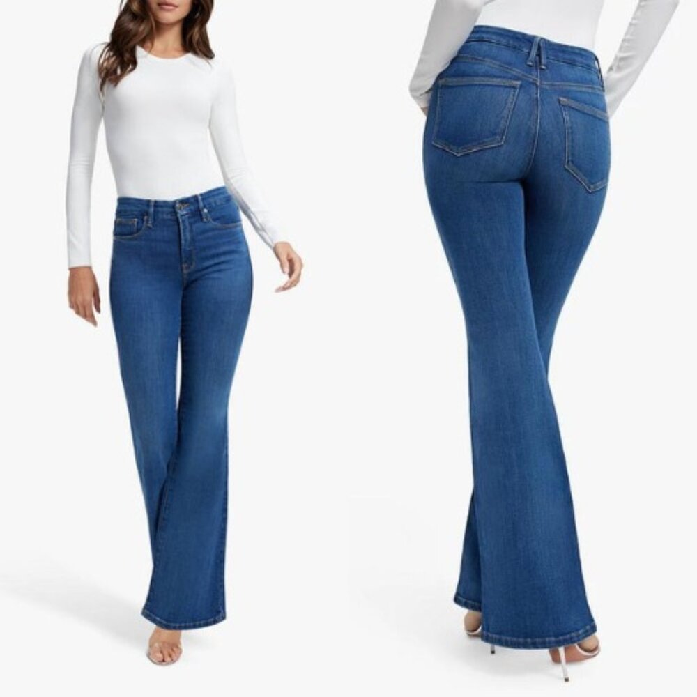 Good American Mid Blue High-Rise Flare Jeans